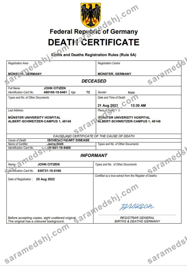 Germany death certificate Word and PDF template